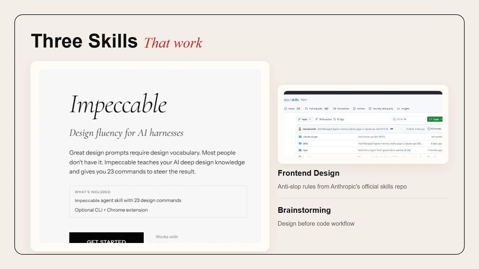 Impeccable, Frontend Design, and Brainstorming skills for AI coding agents