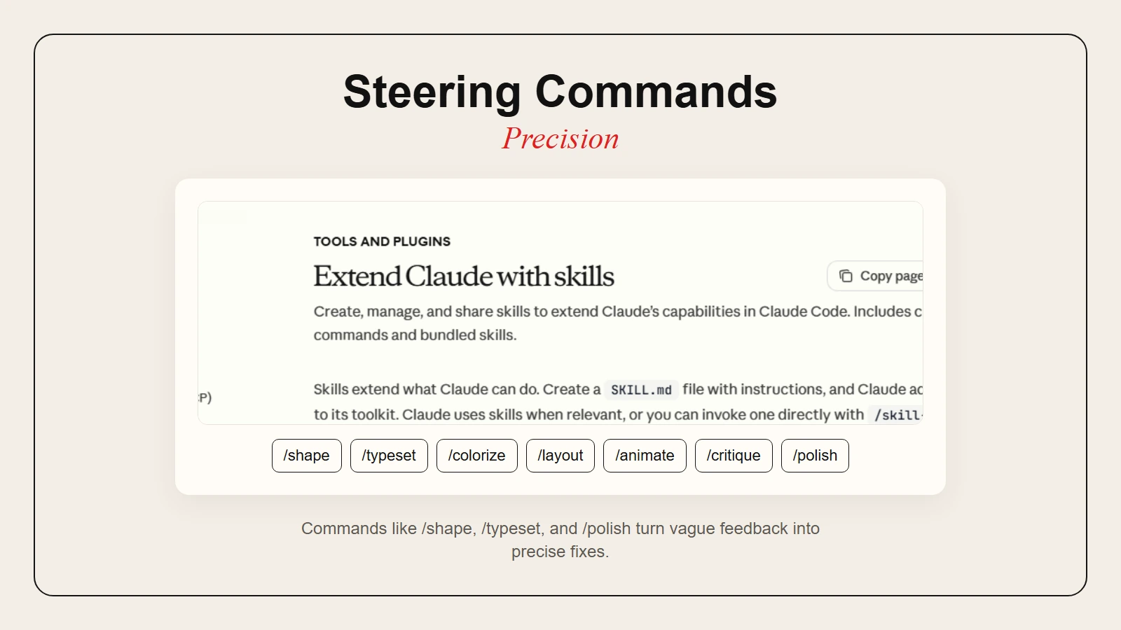 Key Impeccable steering commands for design control