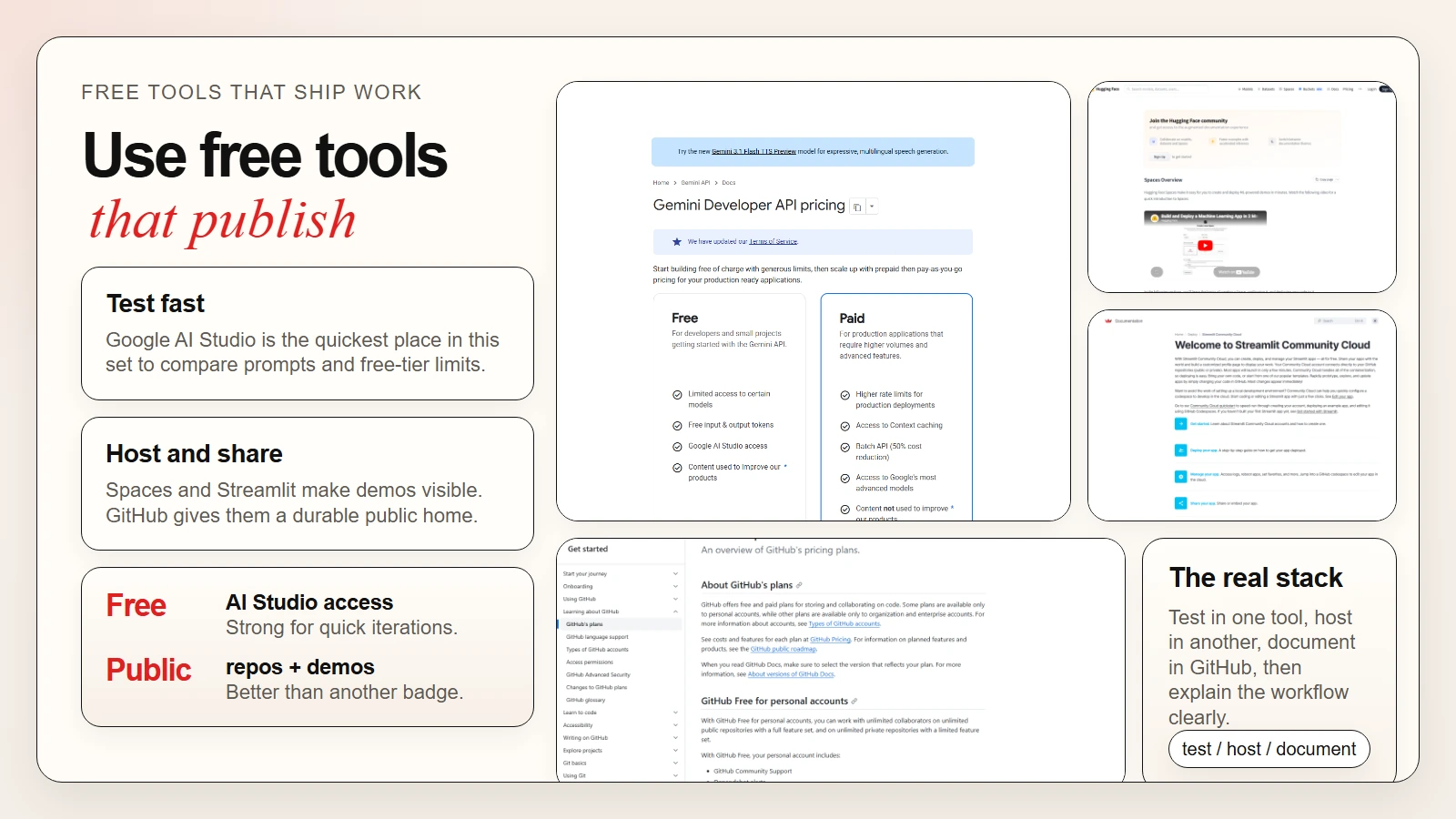 Official Google AI Studio, Hugging Face Spaces, Streamlit Community Cloud, and GitHub Free proof surfaces