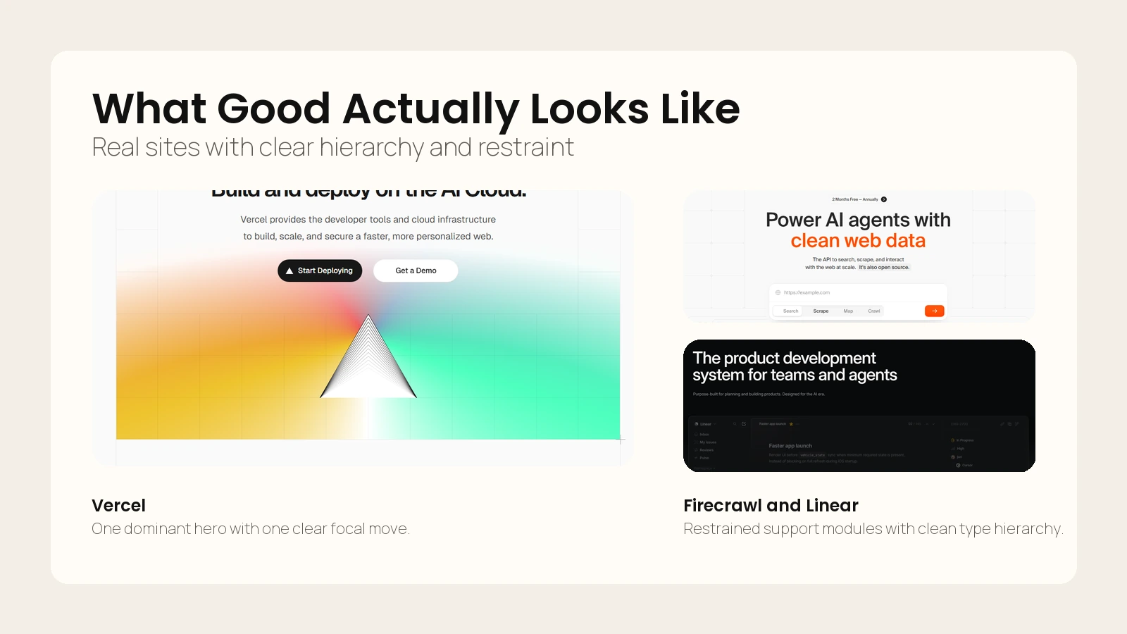 Actual strong website examples showing hierarchy, restraint, and clear hero composition