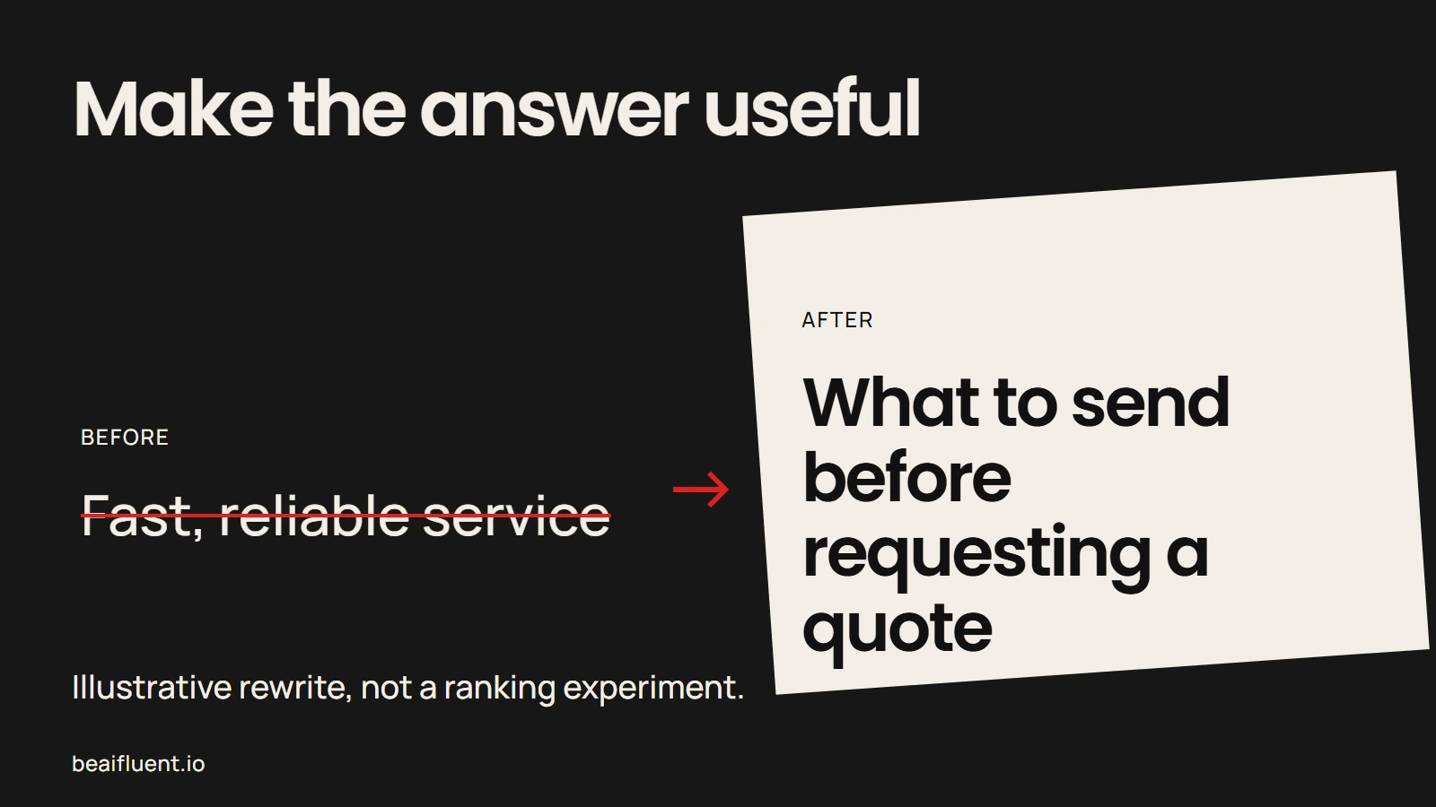 An illustrative rewrite changes a vague service promise into a specific customer question.